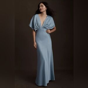 BHLDN Leila Deep-V Flutter-Sleeve Satin A-Line Gown (Dusty Blue)